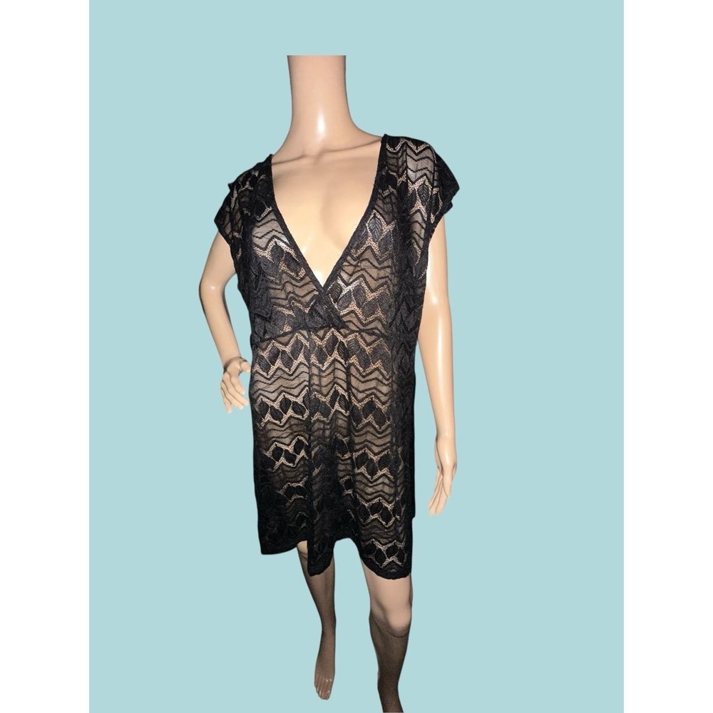 ❤️Hotouch Dress Cover Up Womens Size L Black Sheer Lace VNeck Zigzag Beachwear